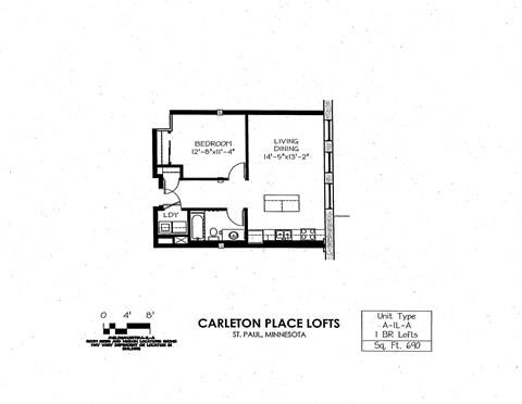 Floor plan for 1 bed, 1 bath, 698 sqft